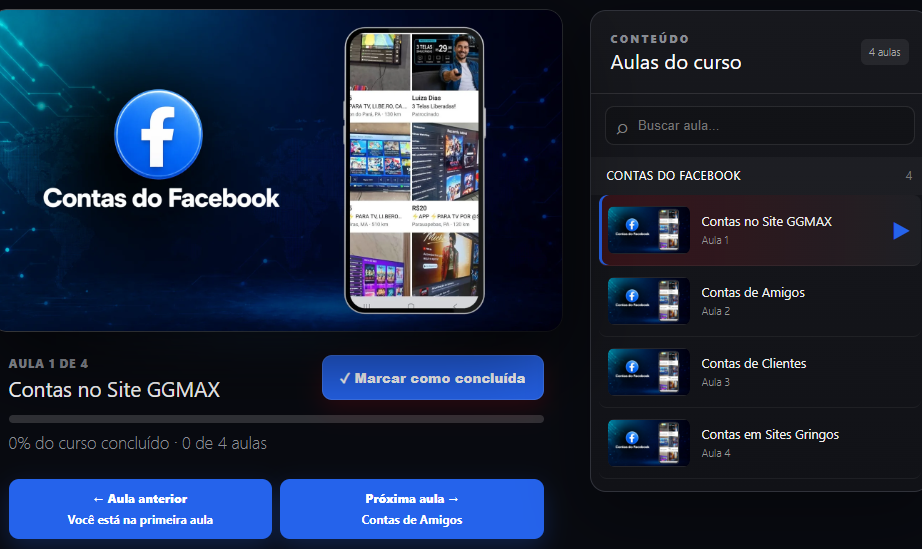 Área de membros do curso mostrando o módulo Contas do Facebook e a lista de aulas