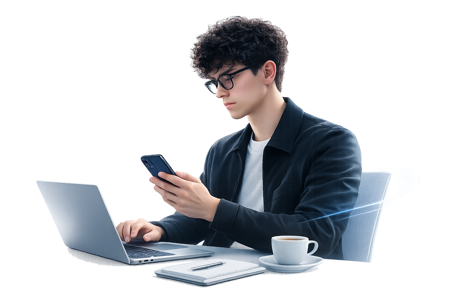 Profissional concentrado gerenciando vendas no Marketplace pelo celular e notebook